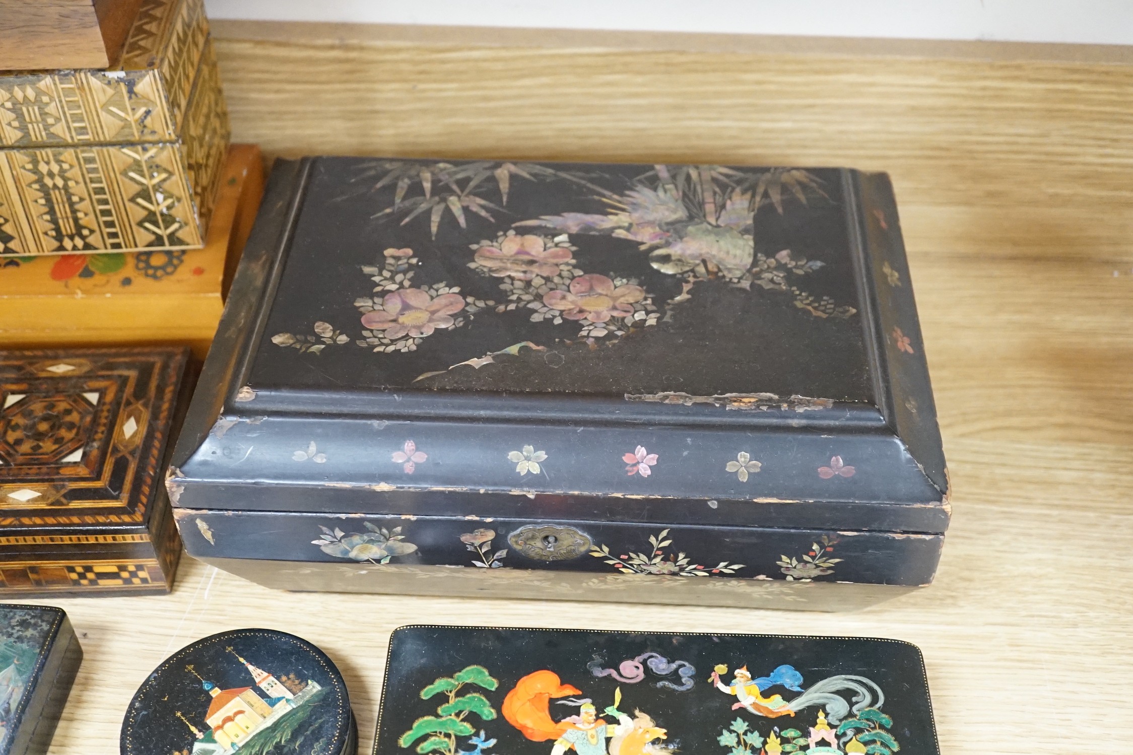 Three Russian papier mache boxes and assorted other boxes